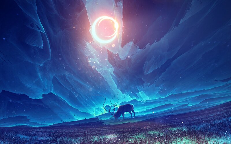 Deer in a Field — Blue, Serene, Night