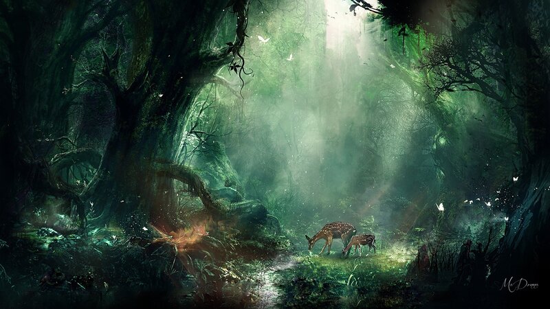 Deer in a Forest — Green, Serene, Morning, Digital Art