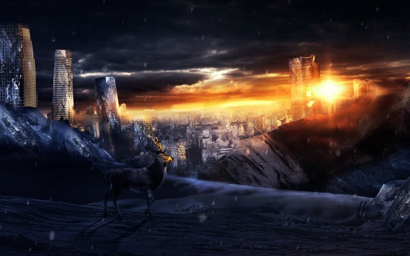 Deer in a futuristic city