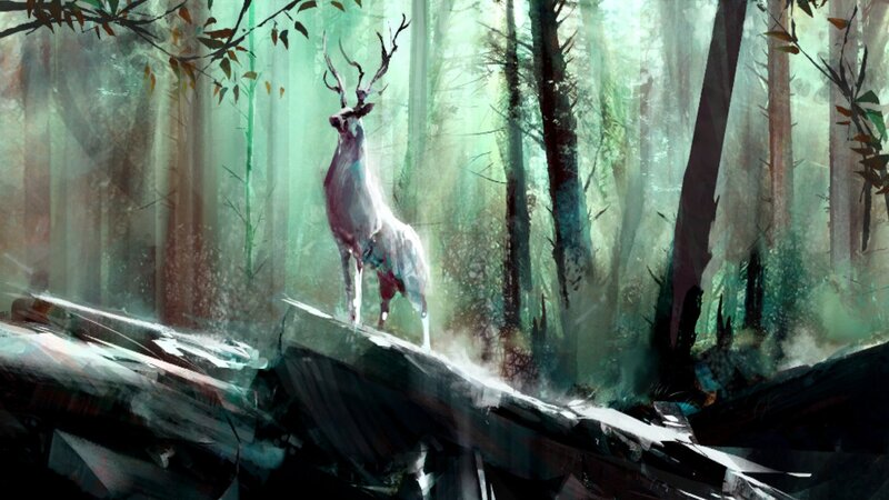 Deer in a misty forest