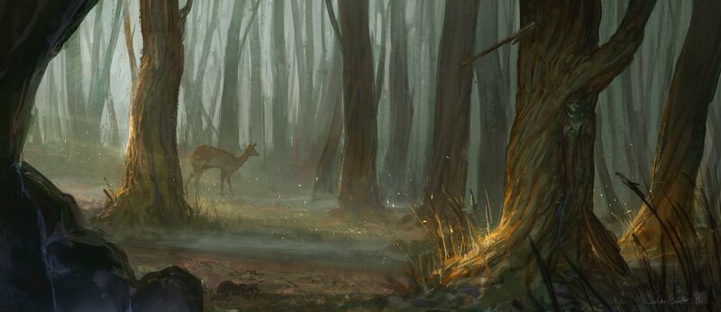 Deer in a Misty Forest — Green