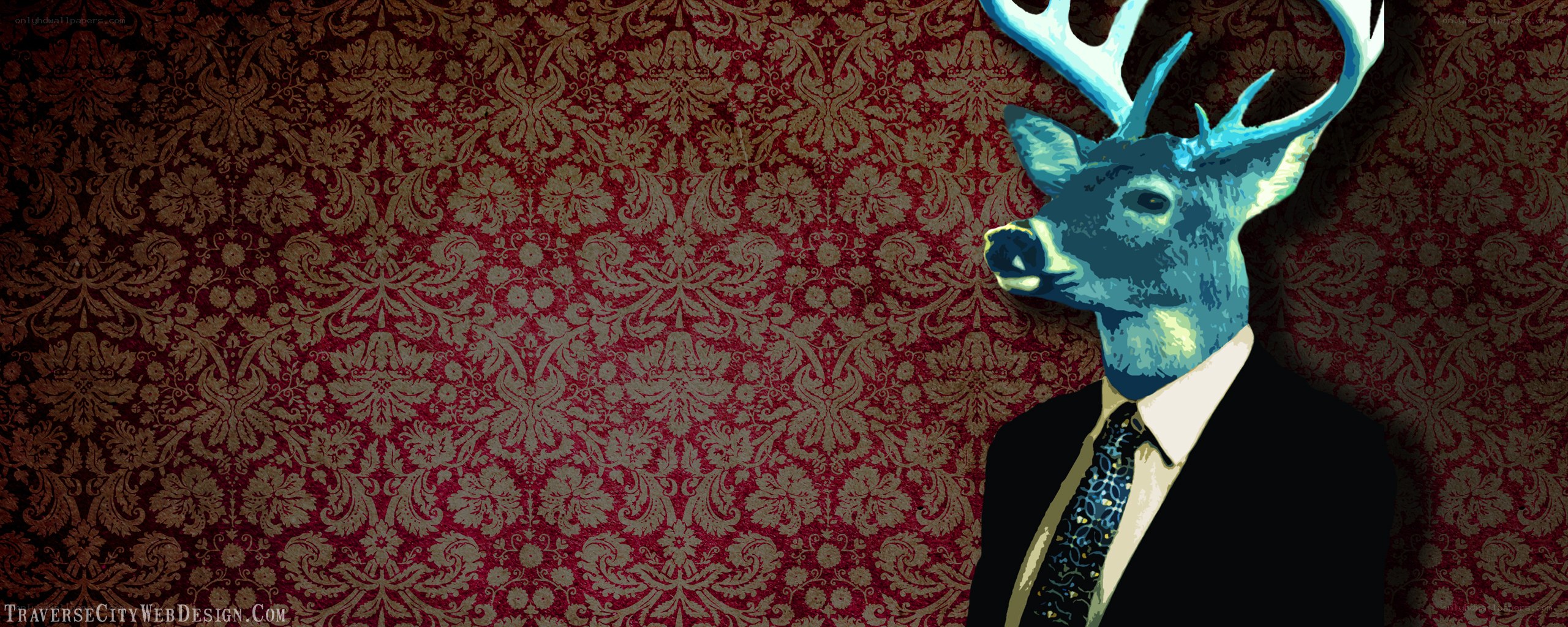 deer in a suit on patterned wallpaper
