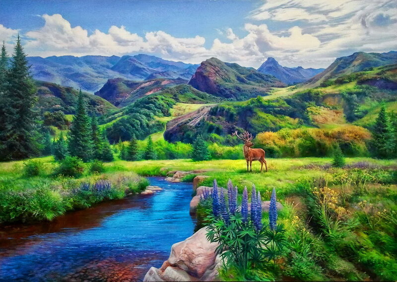 Deer in a Valley — Green, Serene, Afternoon