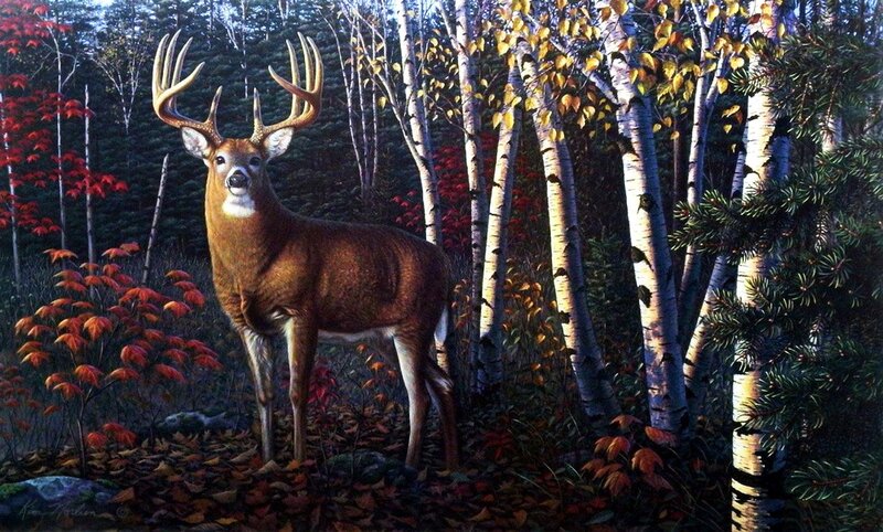 Deer in Autumn Forest — Brown, Serene, Painting