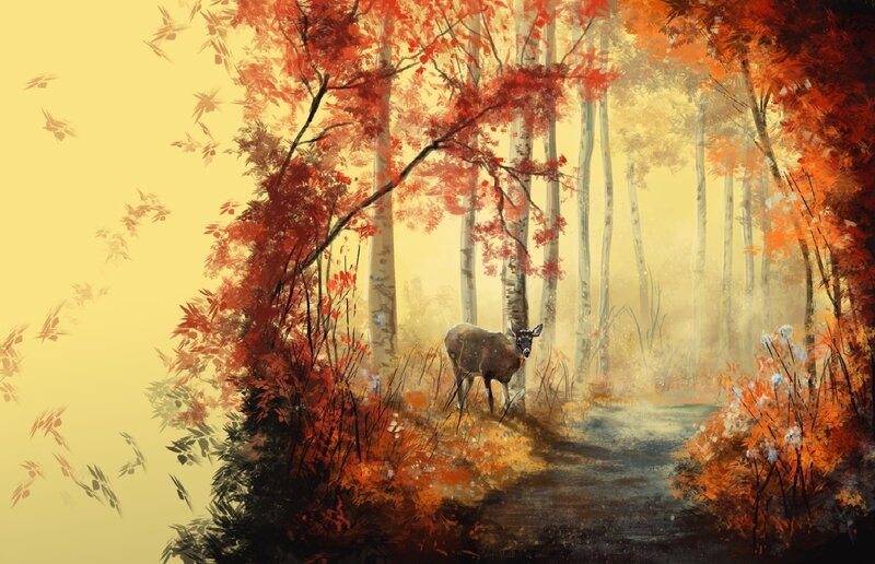 Deer in Autumn Forest — Orange, Serene, Digital Art