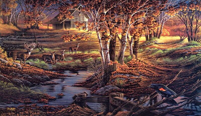 Deer in Autumn Forest — Orange, Serene, Painting, Barn