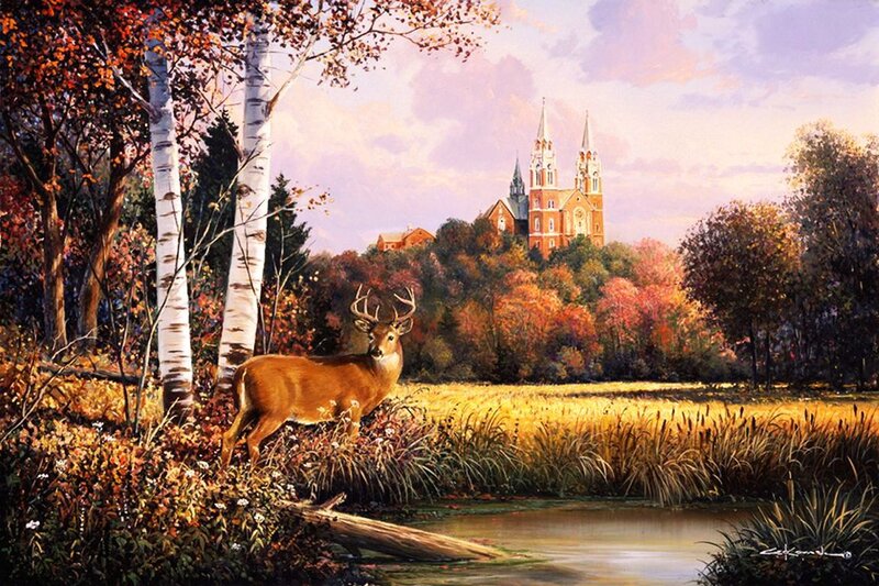 Deer in Autumn Forest — Orange, Serene, Painting, Church