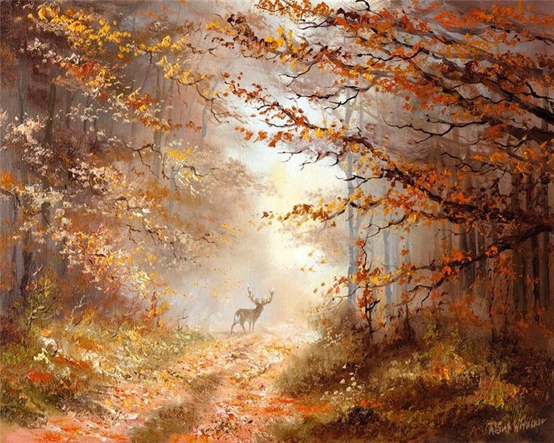 Deer in Autumn Forest — Orange, Serene, Painting