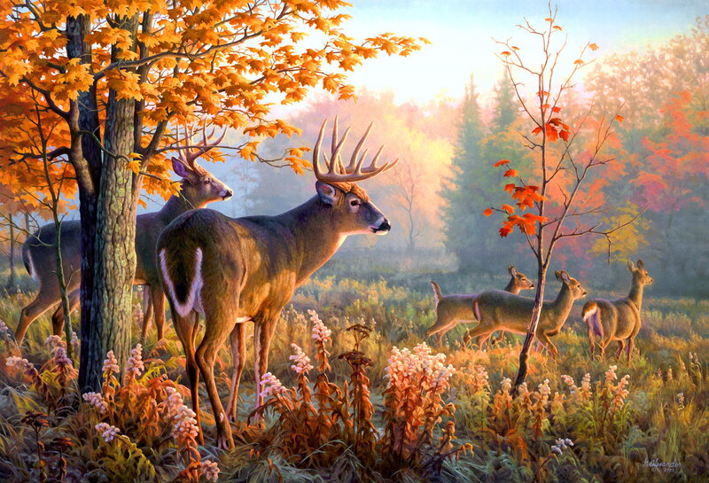 Deer in Autumn Forest — Orange, Serene, Painting, Trees, Flowers