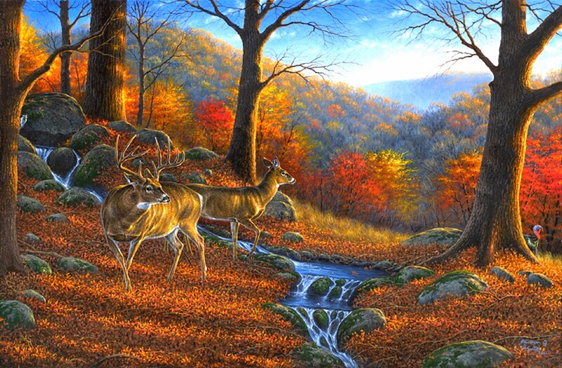 Deer in Autumn Forest — Orange, Serene, Painting, Trees, Stream