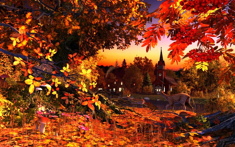 Deer in Autumn Forest — Orange, Serene, Sunset, Digital Art, Church