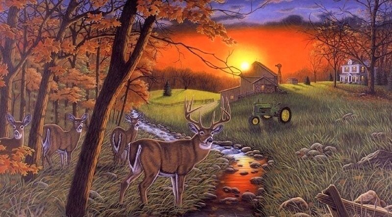 Deer in Autumn Forest — Orange, Serene, Sunset, Painting