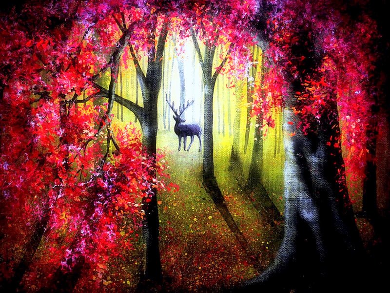Deer in Autumn Forest — Red, Serene, Painting