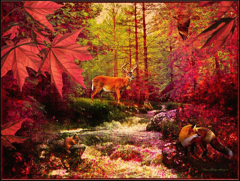 Deer in Autumn Forest — Red