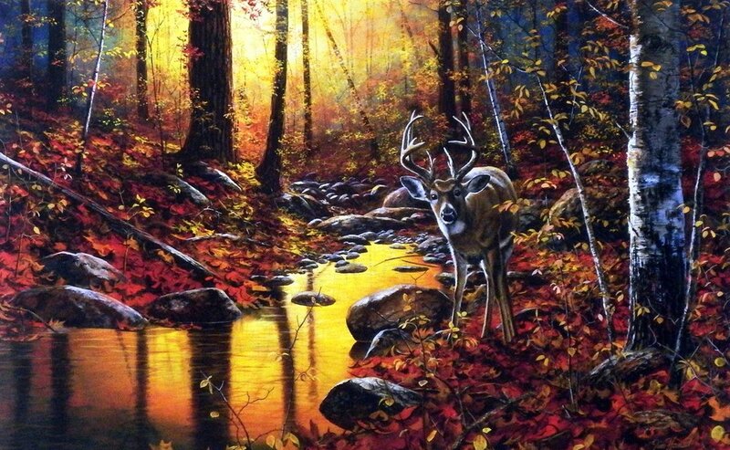 Deer in Autumn Forest — Yellow, Serene, Painting, Stream