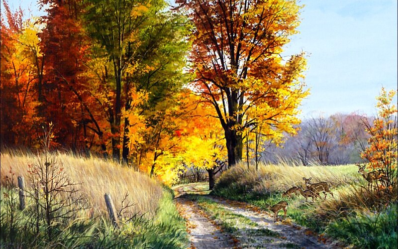 Deer in Autumn Forest — Yellow, Serene, Painting