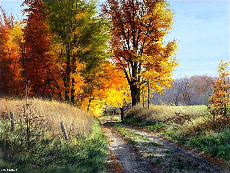 Deer in Autumn Forest — Yellow, Serene, Painting, Trees
