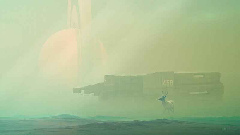 Deer in Fog — Green, Mysterious