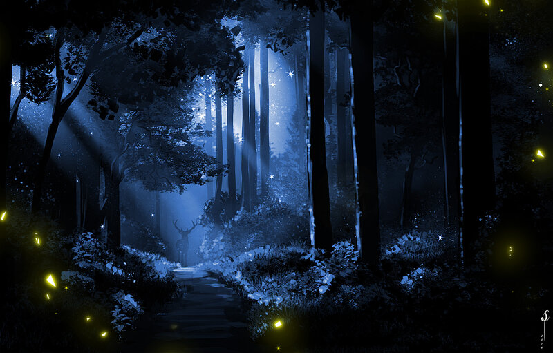 Deer in Forest — Blue, Mystical, Night