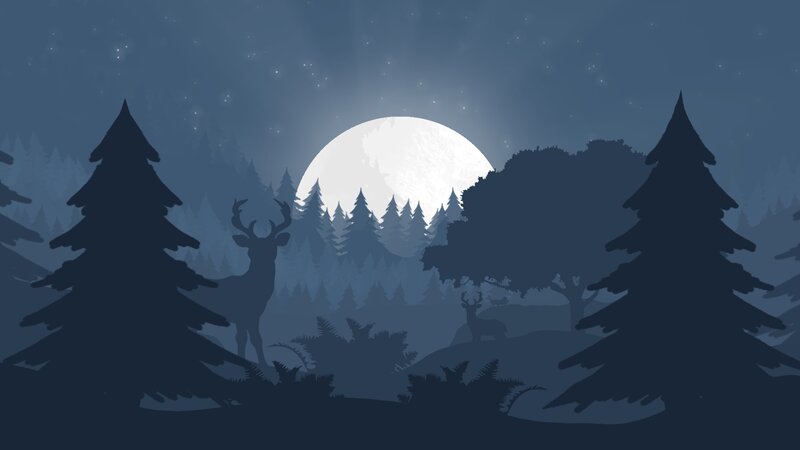 Deer in Forest — Blue, Serene, Night, Digital Art