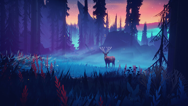 Deer in Forest Clearing — Blue, Serene
