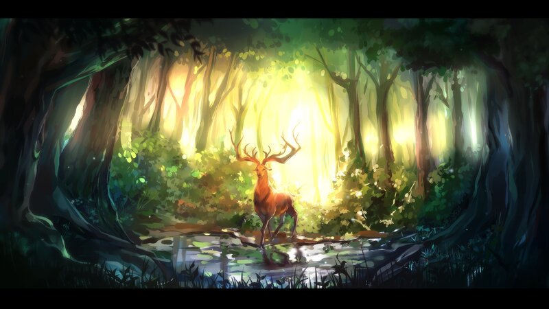 Deer in Forest Clearing — Green, Serene, Afternoon, Digital Art