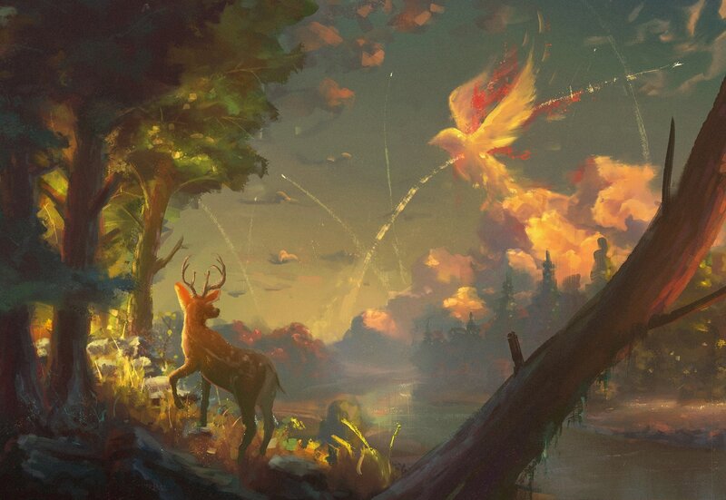 Deer in Forest — Green, Dramatic