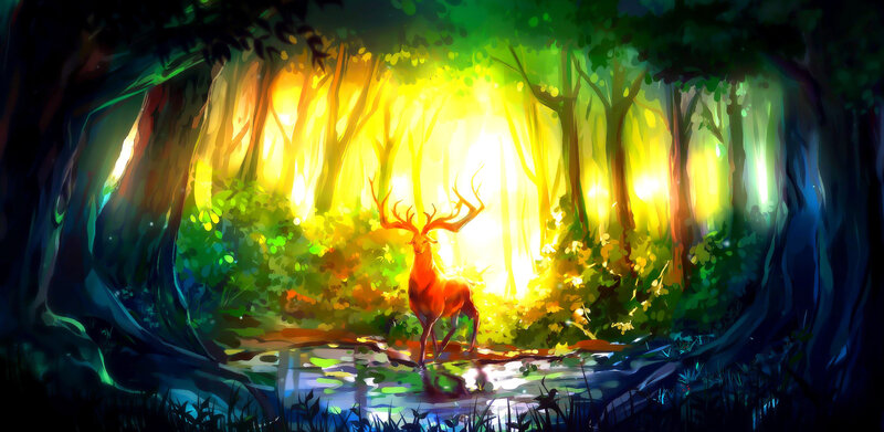 Deer in Forest — Green, Serene, Afternoon, Digital Art, Sunlight