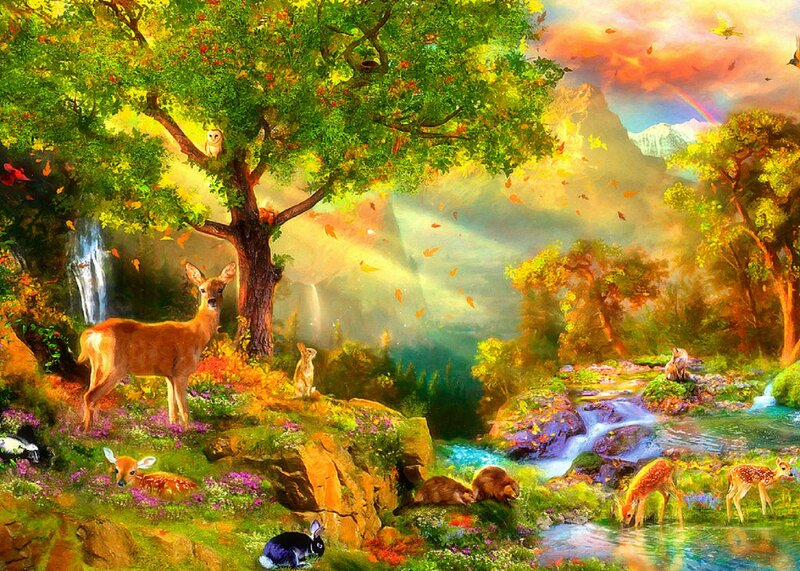 Deer in Forest — Green, Serene, Afternoon, Digital Art, Trees
