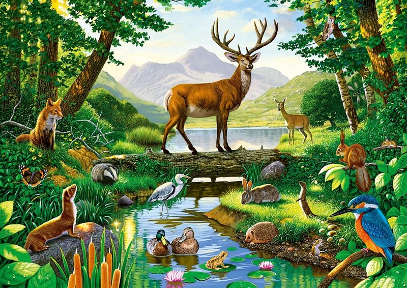 Deer in Forest — Green, Serene, Afternoon, Illustration, Fox
