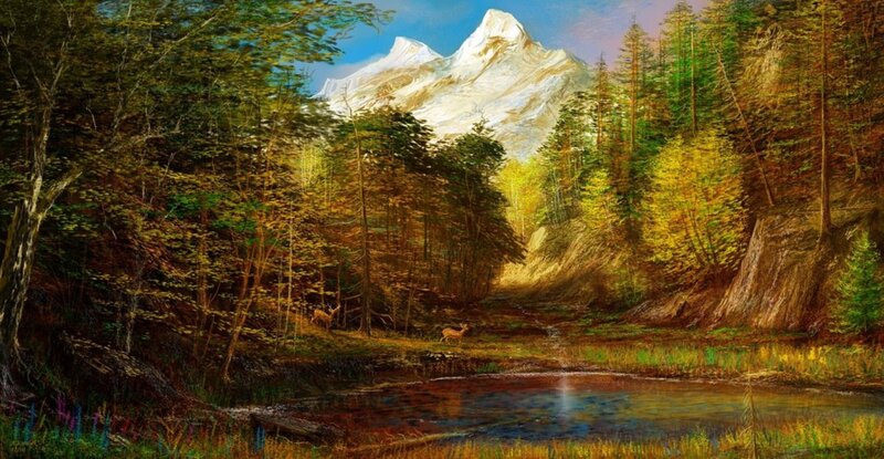 Deer in Forest — Green, Serene, Afternoon, Painting