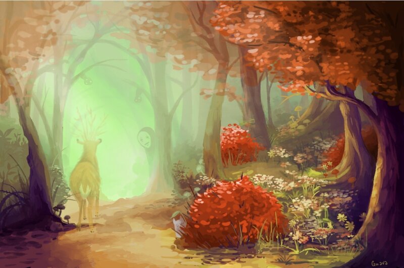 Deer in Forest — Green, Serene, Autumn, Digital Art