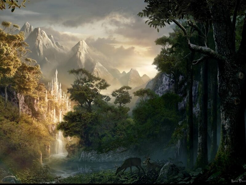 Deer in Forest — Green, Serene, Morning, Digital Art, Mountains, Castle, River, Gray