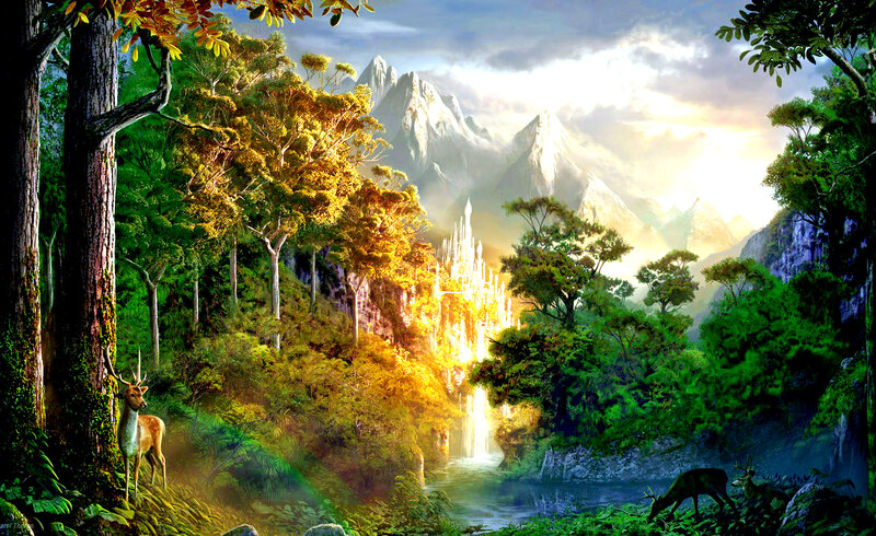 Deer in Forest — Green, Serene, Morning, Digital Art, Mountains, Castle, River