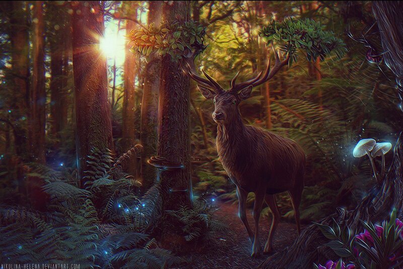 Deer in Forest — Green, Serene, Morning, Digital Art, Mushrooms