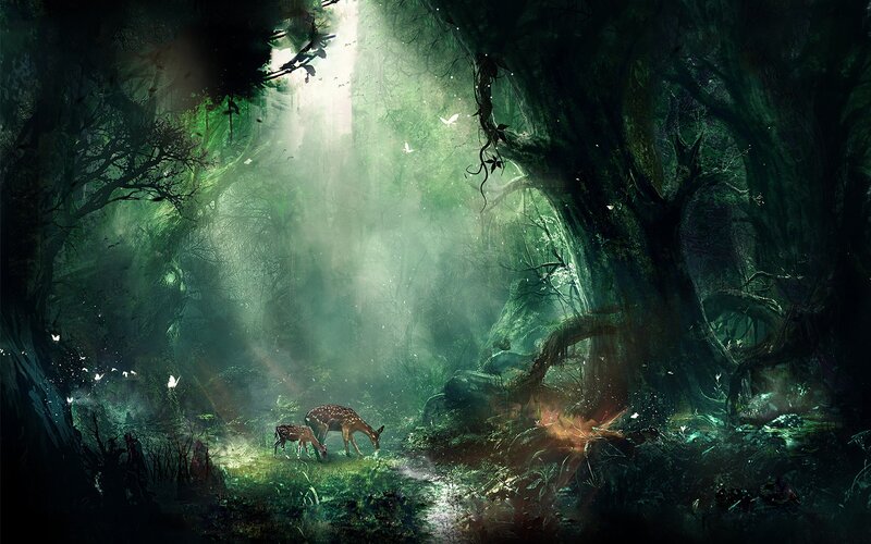 Deer in Forest — Green, Serene, Morning, Digital Art, Trees, Light Beams, Butterflies