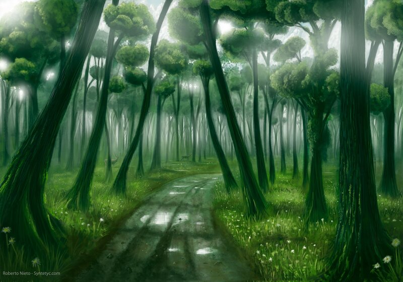 Deer in Forest — Green, Serene, Morning, Digital Art, Trees, Path, Fog