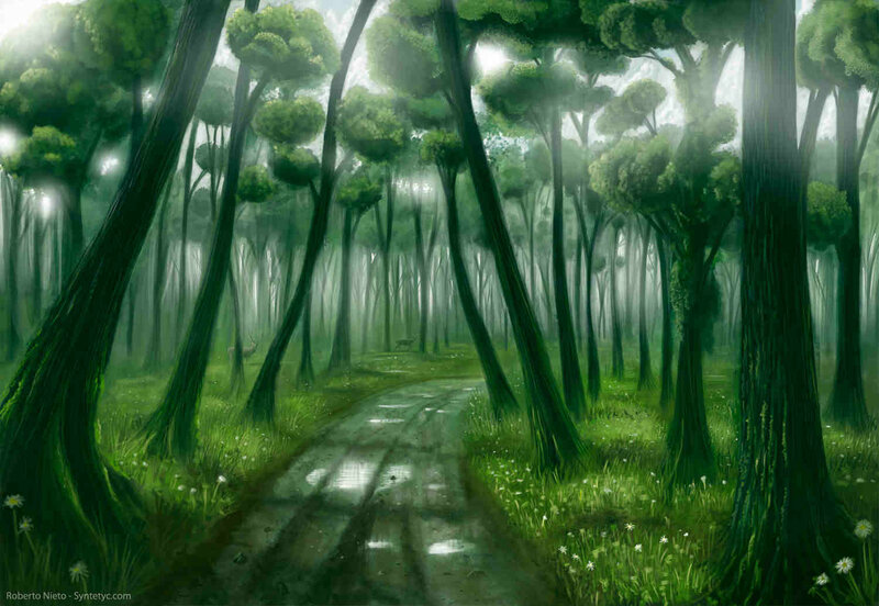 Deer in Forest — Green, Serene, Morning, Digital Art, Trees, Path