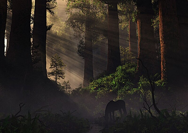 Deer in Forest — Green, Serene, Morning, Digital Art, Trees, Sunlight