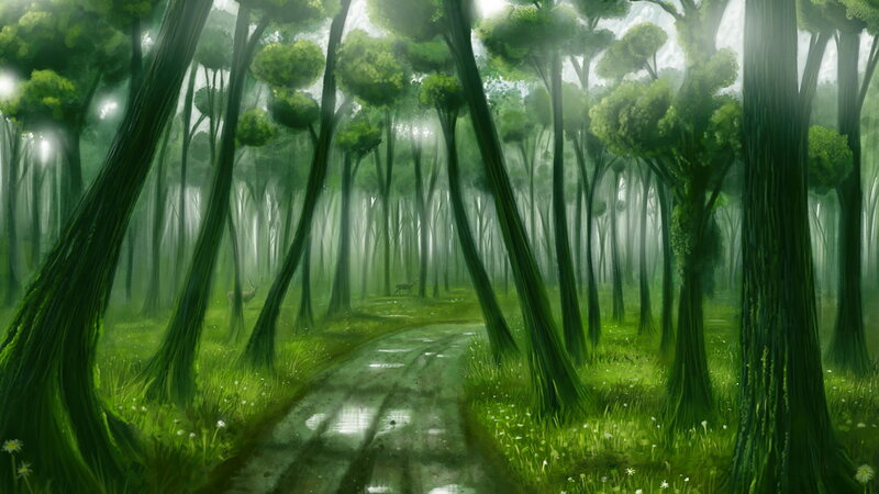 Deer in Forest — Green, Serene, Morning, Digital Art, Trees