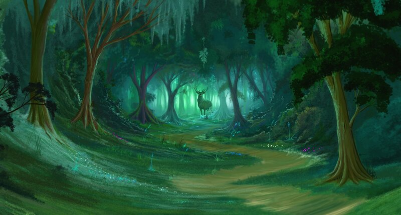 Deer in Forest — Green, Serene, Night, Digital Art