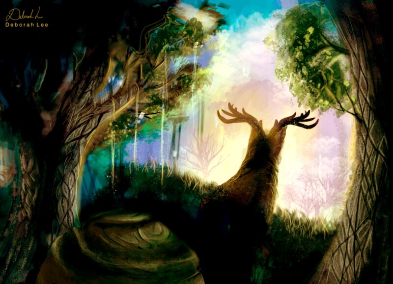 Deer in Forest — Green, Serene, Sunset, Digital Art