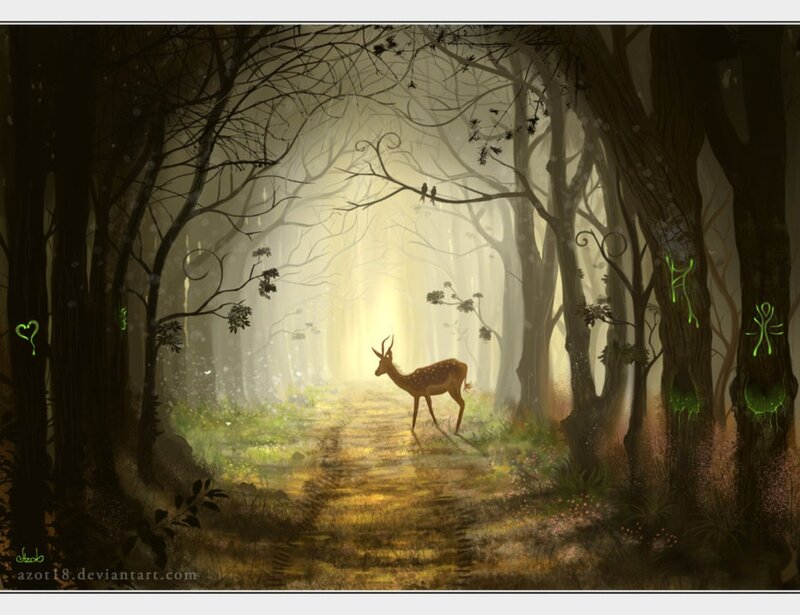 Deer in Forest Path — Green, Serene