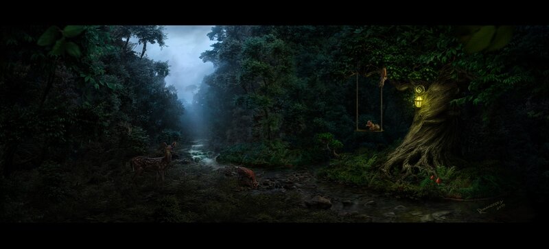 Deer in Forest Stream — Green, Mysterious