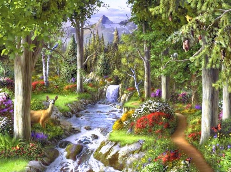 Deer in Forest Stream — Green, Serene, Afternoon, Painting