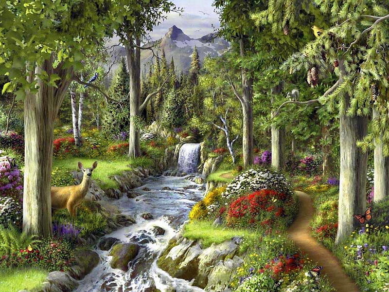 Deer in Forest Stream — Green, Serene, Afternoon