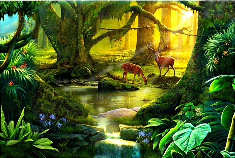 Deer in Forest Stream — Green, Serene, Morning