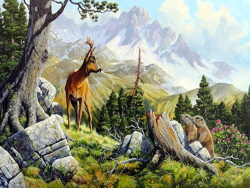 Deer in Mountain Landscape — Green