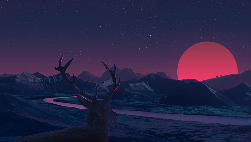 Deer in Mountain Landscape — Purple
