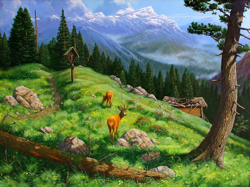Deer in Mountain Meadow — Green, Serene